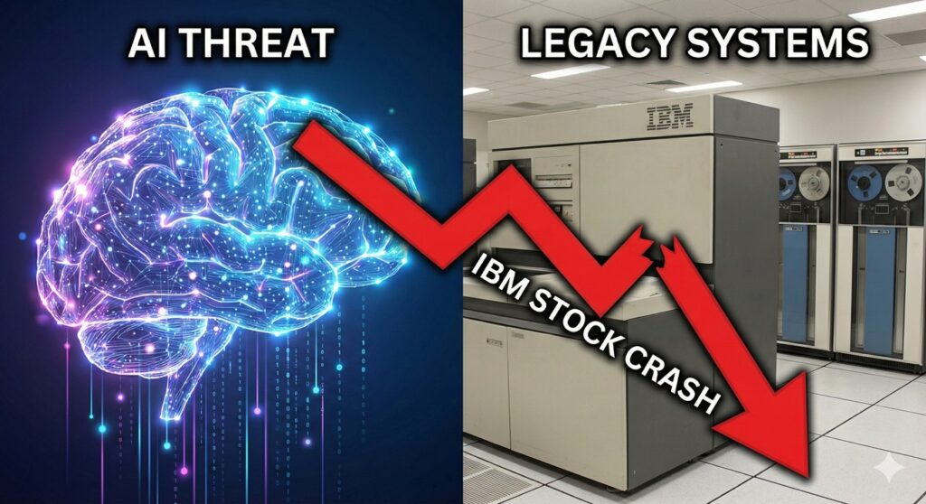 Red downward arrow showing the massive IBM stock crash caused by AI bots.
