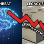 Red downward arrow showing the massive IBM stock crash caused by AI bots.