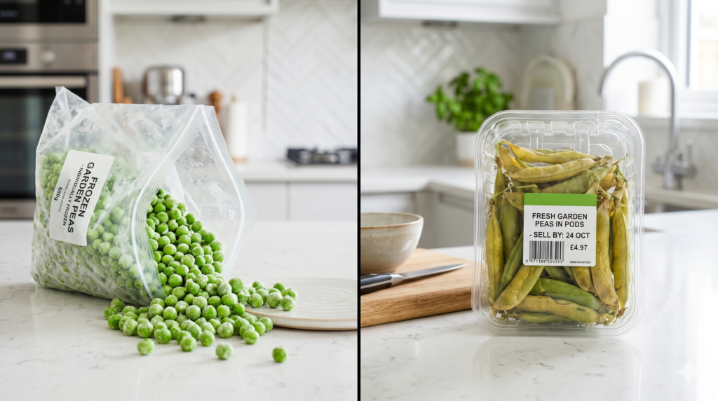 Comparison of frozen food vs fresh produce showing vibrant frozen peas next to wilting fresh peas.