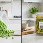 Comparison of frozen food vs fresh produce showing vibrant frozen peas next to wilting fresh peas.