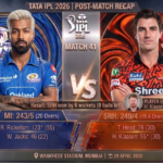 Post-match recap graphic for TATA IPL 2026 Match 41 showing Sunrisers Hyderabad defeated Mumbai Indians by 6 wickets