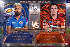 Post-match recap graphic for TATA IPL 2026 Match 41 showing Sunrisers Hyderabad defeated Mumbai Indians by 6 wickets