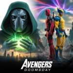 Epic cinematic poster showing Doctor Doom, Deadpool, and Wolverine for the latest Avengers Doomsday updates.