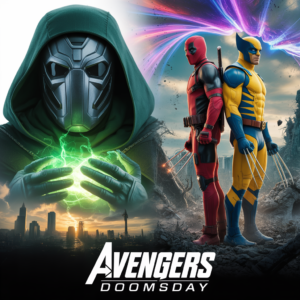 Epic cinematic poster showing Doctor Doom, Deadpool, and Wolverine for the latest Avengers Doomsday updates.