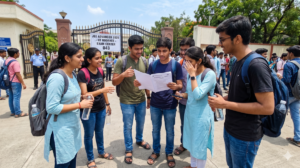 Students looking at the JEE Advanced 2026 Analysis outside the exam hall