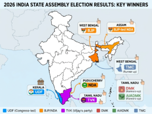 Map showing the 2026 Indian election results and state winners