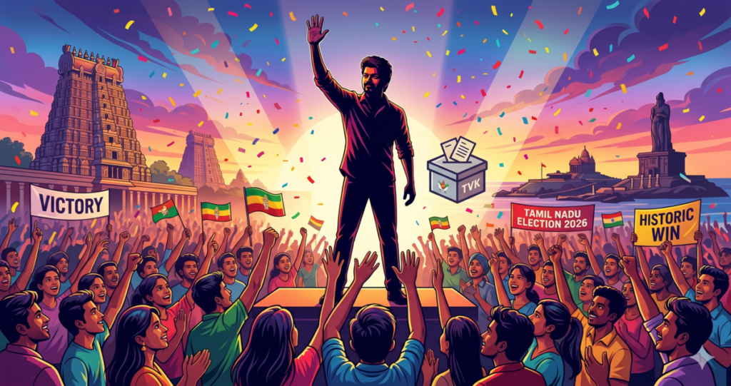 Illustration showing the historic Vijay TVK election victory celebration in Tamil Nadu.