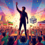 Illustration showing the historic Vijay TVK election victory celebration in Tamil Nadu.