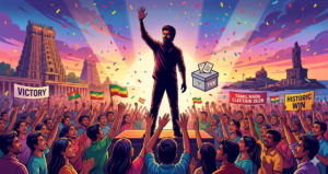 Illustration showing the historic Vijay TVK election victory celebration in Tamil Nadu.