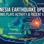 Colorful map showing Indonesia earthquake updates and tectonic plates